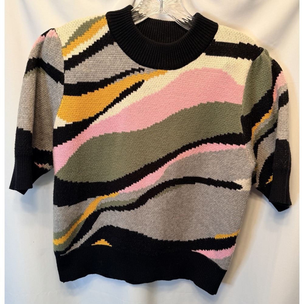 THML Anthropologie Women's Small Ella Short Puff Sleeve Sweater Black Pink Green - Picture 3 of 10